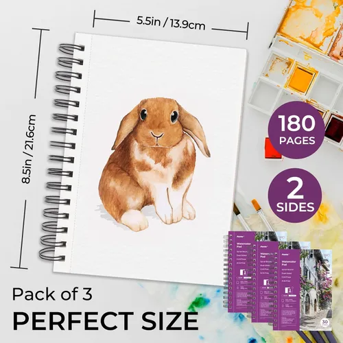 Vista 2 de Funto Bloc de Papel para Acuarela 5.5x8.5, Paquete de 3, 90 Hojas, 140 lb/300 g/m², Doble Cara, Prensado en Frío, Encuadernado en Espiral, Papel