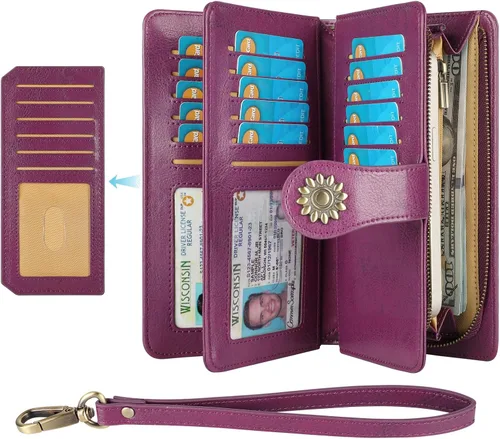 Vista 2 de Lavemi Carteras de cuero genuino de gran capacidad con bloqueo RFID para mujer, tarjetero con correa para la muñeca