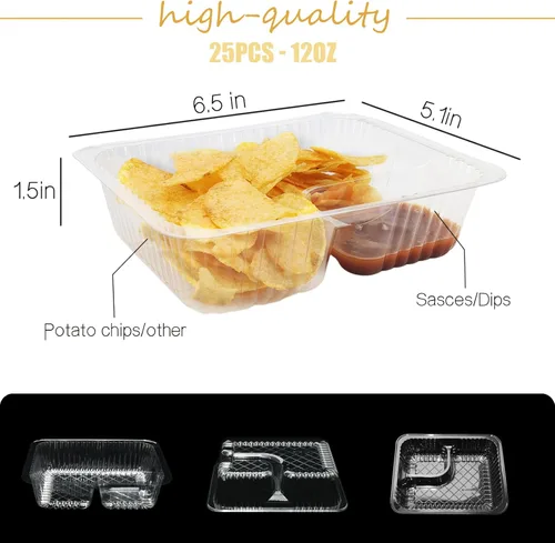 Vista 2 de 25 bandejas desechables para nachos, recipientes de plástico de 12 onzas con soporte para chips y salsa, 6 x 5 pulgadas, 2 compartimentos, bandejas