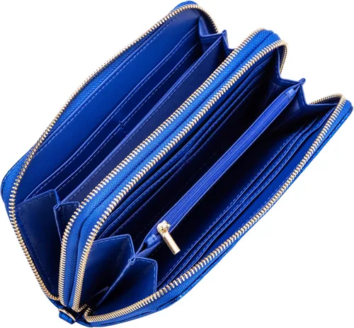 Vista 5 de B BRENTANO Cartera de cuero vegano con doble cremallera y bolsillo con correa de mano con agarre, azul Glitter