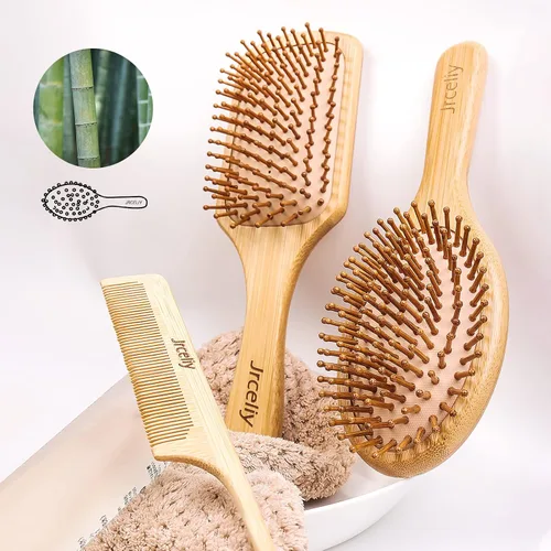 Vista 3 de Juego de 3 cepillos de pelo de bambú, cepillo de madera natural para mujeres, madam, cepillo desenredante de paleta para cabello seco, rizado