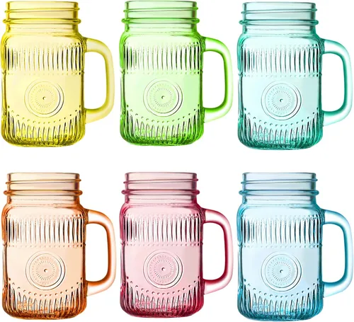 Vista 9 de Amzcku Tarro de beber transparente vintage de 16 onzas con mango cómodo para bebidas de fiesta, 6