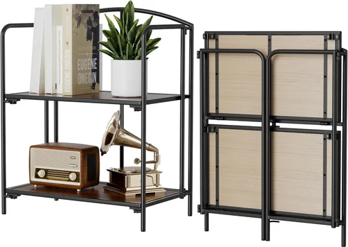 Vista 29 de Crofy - Estantería plegable sin montaje para sala de estar, estantería plegable de 2 niveles en color negro para oficina en casa, organizador