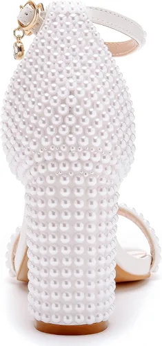 Vista 7 de Sandalias de tacón grueso con perlas de 2.95 pulgadas para mujer, zapatos de tacón grueso con diamantes de imitación para novia, boda, fiesta
