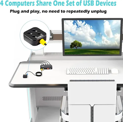 Vista 4 de Interruptor USB de 4 en 4 salidas, selector de conmutador USB de 4 puertos para 4 computadoras compartidas 4 dispositivos teclado, ratón, impresora