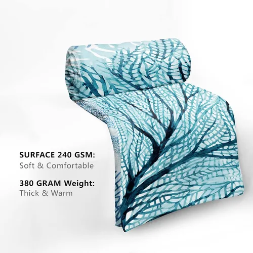 Vista 5 de Manta náutica costera, acuarela, verde azulado, azul, coral, manta de franela suave con temática oceánica, manta decorativa ligera para sofá