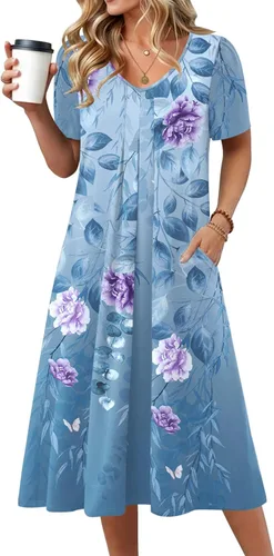 Vista 16 de Zeagoo Vestido de verano para mujer, casual, floral, midi, con bolsillos, cuello en V, plisado, manga corta, estilo alineado, para vacaciones