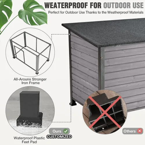 Vista 4 de Casa para Perros al Aire Libre Aislada para Perros Pequeños, Medianos y Grandes, Madera Natural con Marco de Hierro, Techo Resistente al Agua, Patas