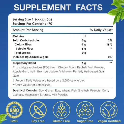 Vista 8 de Suplemento de fibra – Suplemento de fibra prebiótica en polvo, 0.18 oz de fibra soluble en polvo con acacia e inulina para la salud digestiva diaria