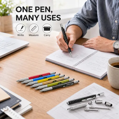 Vista 2 de MROOFUL 8 Pack Multitool Pens with Ruler, Bubble Level and Stylus Tip, Refillable Metal Ballpoint Utility Pens with 20 Black Ink Refills for Office