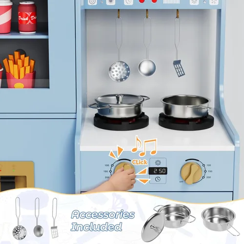 Vista 5 de MAMIZO Cocina de juego de madera para niños, juego de cocina de juguete para niños, juego de cocina interactivo grande con 6 utensilios de cocina