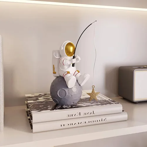 Vista 3 de Estatua de astronauta, figura de estrella de pesca de astronauta, escultura para decoración de escritorio y mesa, adorno de escritorio de resina