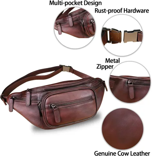 Vista 6 de Cangurera de cuero genuino para mujeres y hombres, riñonera de cuero, bolso bandolera de moda, bolso cruzado de hombro, mochila (café)