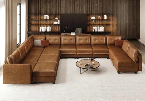 Vista 10 de LLappuil Sofá modular de piel sintética de 9 plazas con almacenamiento, sofá cama convertible en forma de U con diván, impermeable y agradable al
