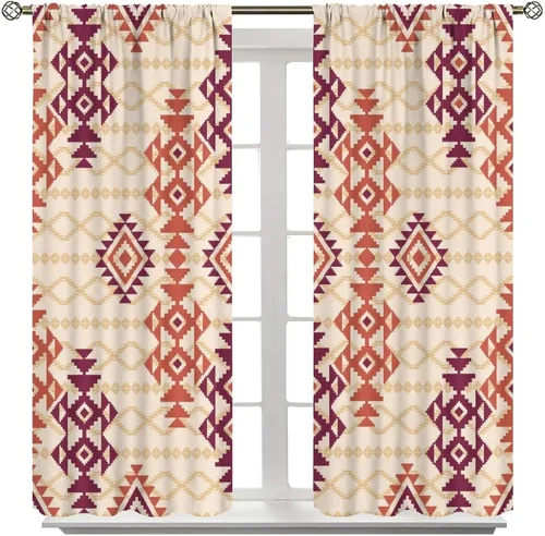 Vista 223 de Cortinas con patrón geométrico tribal, estilo suroeste, azteca, rústico, occidental, nativo americano, opacas, con bolsillo para barra, decoración