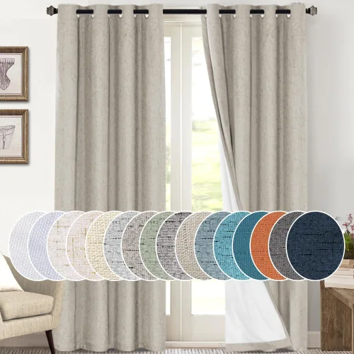 Vista 17 de Cortinas con textura de lino 100% opacas de 64 pulgadas de largo, juego de 2 paneles de cortinas de lino opacas con forro aislante térmico que Arena