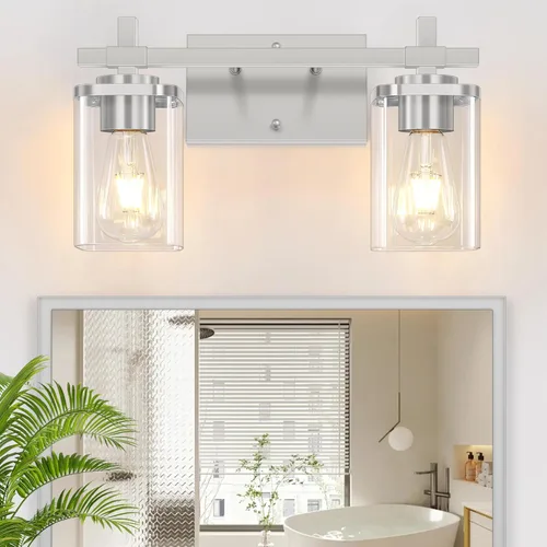 Vista 13 de 2 luces de tocador de baño, accesorios de luz de tocador negro mate sobre espejo, apliques de pared modernos con pantalla de vidrio transparente