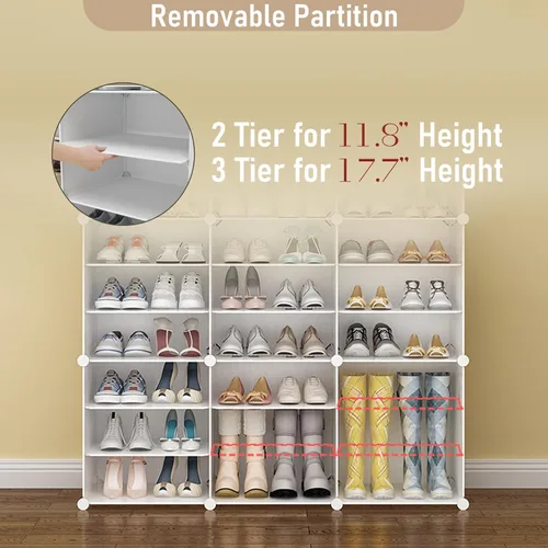Vista 4 de Zapatero portátil organizador de 72 pares, almacenamiento cerrado de zapatos, organizador de zapatos de plástico blanco con puerta transparente