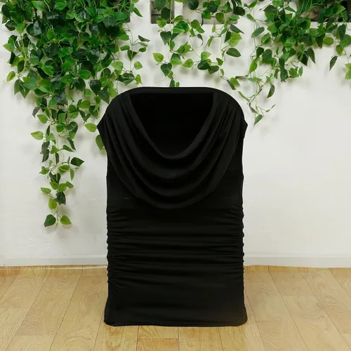 Vista 23 de Efavormart - Funda para silla de banquete de elastano con falda plisada con volantes y banda trasera cruzada, funda elástica negra para bodas y Negro