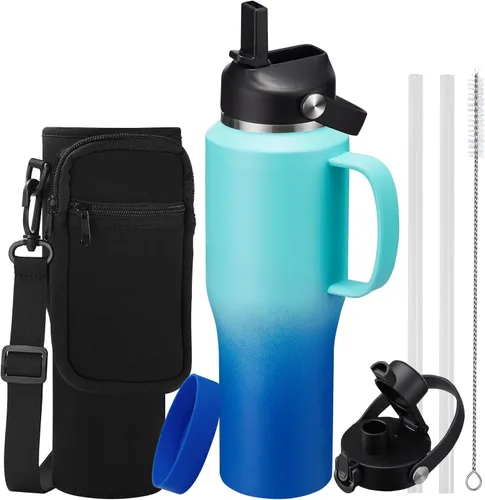 Vista 28 de Botella de agua de acero inoxidable de 32 onzas, frío-48 horas y caliente-24 horas, termo con popote y tapas de boquilla, bolsa, botella aislada al
