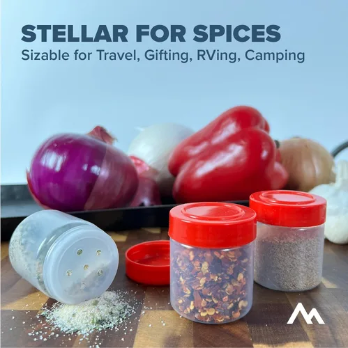 Vista 3 de Pinnacle Mercantile Tarros de especias de plástico, paquete de 9 tarros de especias de 1 onza de plástico con tapas de tamiz, tapas rojas
