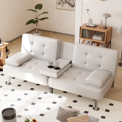 Vista 7 de Shahoo - Sofá cama convertible tipo futón plegable para sala de estar, sofá cama con respaldo tapizado de cuero sintético, sillón con reposabrazos