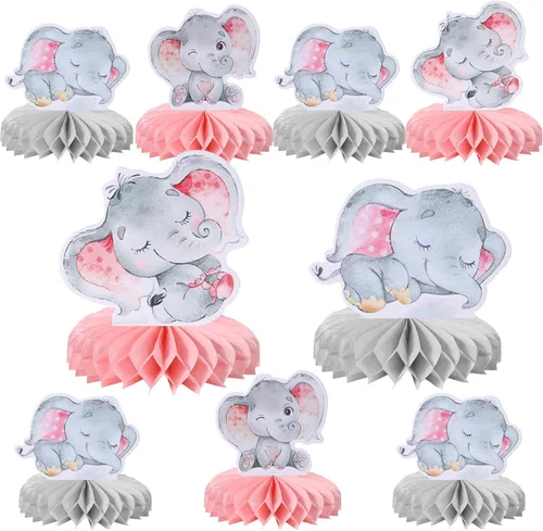 Vista 8 de ZHUOWEISM 6 piezas de centro de mesa de panal de elefante azul para It's a Boy Elephant Theme Reveal Género Reveal Baby Shower Niños Niños Fiesta