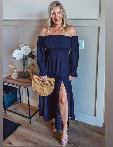 Vista 14 de ZESICA - Vestido largo, bohemio y sexy, con hombros descubiertos y manga larga fruncida, con elástico fruncido, cintura alta y abertura lateral