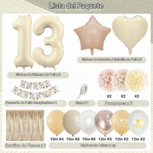 Vista 2 de Decoraciones de cumpleaños número 13 en crema para niñas, globos beige con número 13 en forma de corazón y estrella marrón, globos neutros