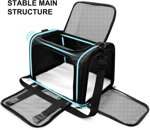 Vista 5 de Transportador para perros para mascotas, hasta 25 libras, transportador de viaje plegable para cachorros con correa para el hombro y tapete Negro