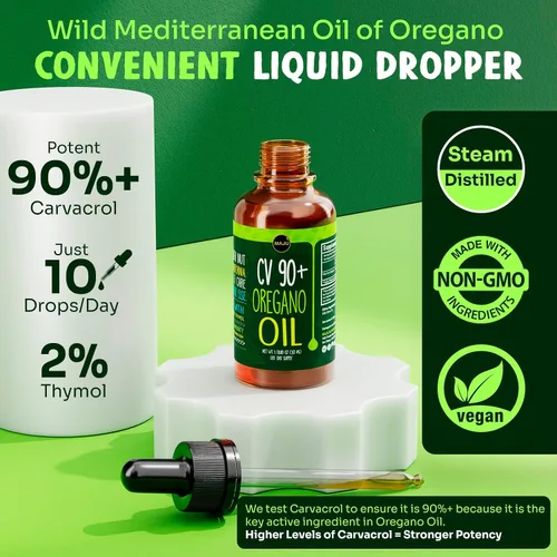 Vista 2 de Maju Superfoods Gotas de Aceite de Orégano, Potente 90%+ Carvacrol (1 fl Oz) Aceite Esencial Líquido de Orégano Mediterráneo Silvestre, Aceite