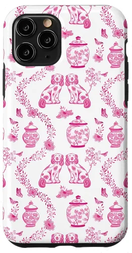 Vista 29 de Preppy - Carcasa para iPhone 16, diseño de perros y tarros de jengibre, color rosa y blanco
