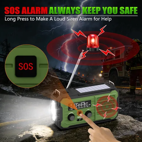 Vista 3 de Radio de emergencia con manivela solar, 10000 mAh/37000 mWh, radio meteorológica de emergencia, radios solares de manivela con NOAA/AM/FM, linterna