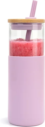 Vista 19 de Tronco Vaso de vidrio de 28 onzas con tapas y pajilla, taza reutilizable para café helado y vaso para batidos con tapa de bambú, funda de silicona