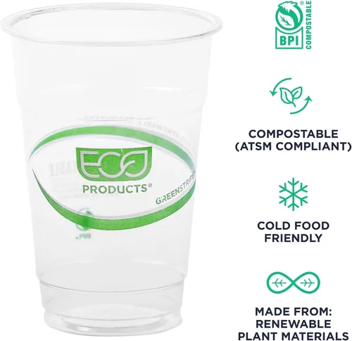 Vista 4 de ECO PRODUCTS GreenStripe - Vasos de plástico PLA transparentes compostables de 10 onzas, caja de 1000, vasos fríos desechables renovables a base