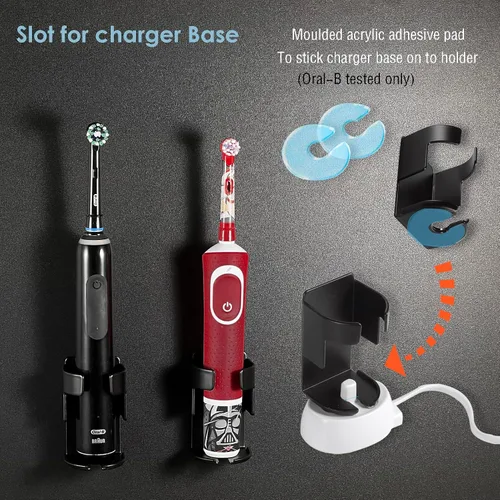 Vista 4 de Soporte eléctrico de metal para cepillo de dientes para baño, montado en la pared con nano adhesivo, ranura para base de cargador de cepillo