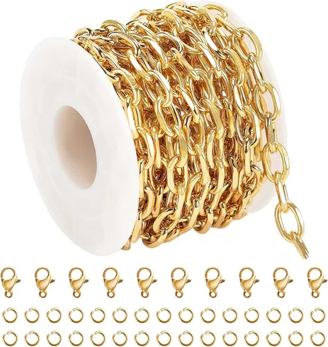 Vista 11 de UMAOKANG - Cadenas de acero inoxidable chapadas en oro de 16.4 pies para fabricación de joyas 1.0 cable de oro
