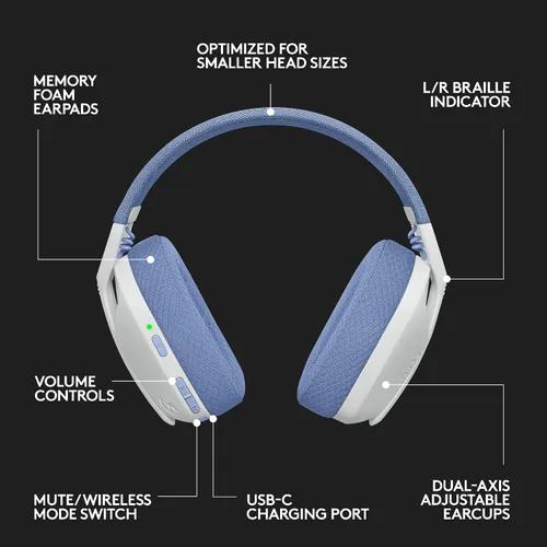 Vista 8 de Logitech G 435 LIGHTSPEED y auriculares inalámbricos Bluetooth para juegos audífonos ligeros sobre la oreja micrófonos integrados batería de 18