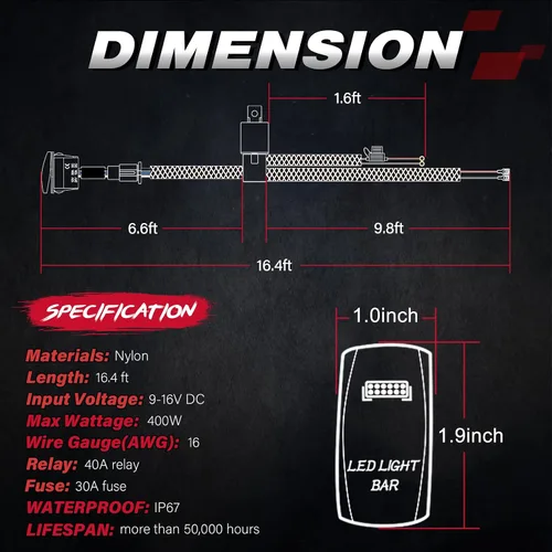 Vista 2 de OFFROADTOWN Arnés de cableado de barra de luz LED, 1 cable de 16.4 pies, kit de cableado de nailon para luces de conducción, luz de trabajo, luces