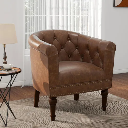 Vista 27 de Pia Ricco Silla de Acento Tipo Barril de Cuero Sintético, Silla de Club Moderna con Brazos, Cómoda Silla Individual Tapizada con Patas de Madera