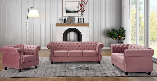 Vista 22 de Container Furniture Direct Feinstein - Sofá de terciopelo moderno Chesterfield para sala de estar con cabezas de clavos, acolchado de diamante