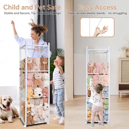 Vista 4 de Almacenamiento de animales de peluche para niños, almacenamiento de zoológico de animales de peluche de madera con ruedas de freno, organizador