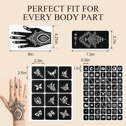 Vista 5 de Koogel Kit de plantillas de tatuaje de henna de 18 hojas, 97 plantillas de tatuaje con brillantina temporal para pintura facial y arte corporal