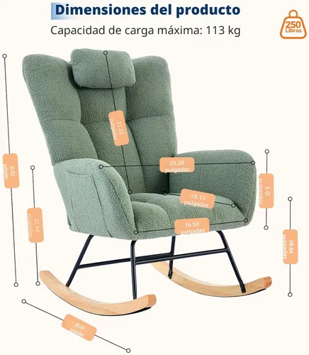 Vista 2 de Mecedora deslizadora tapizada con patas de madera para sala de estar, dormitorio, cuarto de bebé, incluye bolsillos laterales