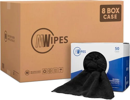 Vista 8 de Toallas de microfibra negras Trapos reutilizables de MWipes 50 trapos en una caja Superabsorbentes, lavables a máquina cientos de veces