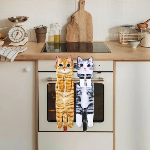 Vista 5 de Toallas de mano divertidas con forma de gato para baño y cocina, adorno de gato bonito y decorativo, toallas para la cara para colgar, para el Día