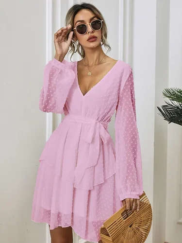 Vista 4 de MakeMeChic Vestido de manga obispo con cinturón de punto suizo para mujer