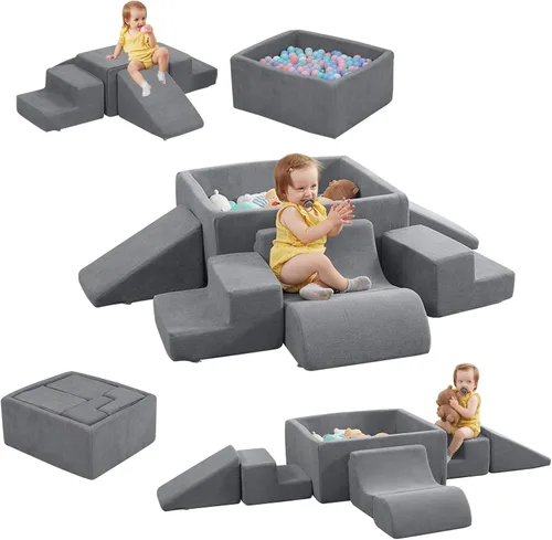 Vista 10 de STAOLENE Bloques de escalada de espuma suave con pozo de bolas, 6 juguetes de escalada de interior beige y rosa para niños pequeños, juego