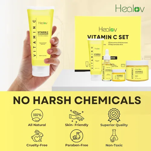 Vista 3 de Set de cuidado de la piel con vitamina C – Limpiador facial hidratante, exfoliante corporal, crema facial y suero antienvejecimiento – Vit C reduce
