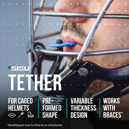 Vista 2 de SISU Protector bucal Tether - Protección preformada con correa para fútbol, hockey, lacrosse, deportes de casco enjaulado – Remoldable hasta 20